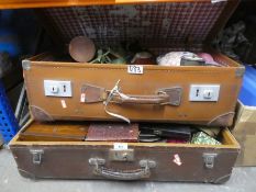 2 Vintage suitcases containing collectables incl. scales, cased cutlery, artists equipment, brass wa