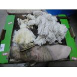 Box of vintage linen, tie backs etc