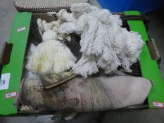 Box of vintage linen, tie backs etc