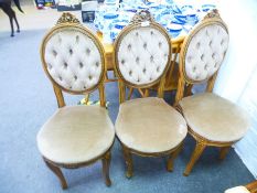 3 Victorian style velvet upholstered salon chairs with button backs and mahogany frames