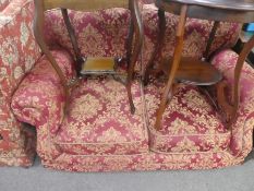 A pair Victorian style modern two seat sofa upholstered in red fabric with gold floral decoration