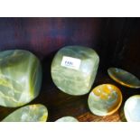 Collection green onyx items incl. cube doorstops, oval dishes, barometers etc