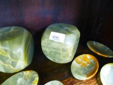 Collection green onyx items incl. cube doorstops, oval dishes, barometers etc