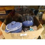 2 Boxes and a quantity of various china and glass incl. Denby pottery, crystal, bookends etc and vin