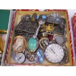 Box of mixed costume jewellery, brooches, hardstone necklaces, silver brooches, a white metal and tu