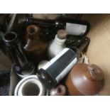 Three boxes and a bag of various stoneware jars, glass bottles etc