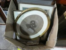 Box of various pictures, prints etc incl. G.Keating print, oval pastel of 2 children etc