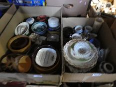 2 Boxes of mixed china, trinket boxes, treen etc and a box of linen