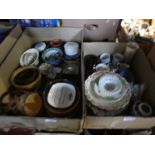 2 Boxes of mixed china, trinket boxes, treen etc and a box of linen