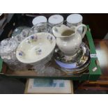 A vintage tea trolley and a box of mixed china and glassware