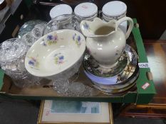 A vintage tea trolley and a box of mixed china and glassware