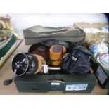 Box of collectables to include a coffee grinder, vintage cameras, vintage suitcase etc