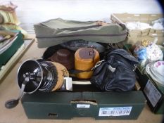 Box of collectables to include a coffee grinder, vintage cameras, vintage suitcase etc