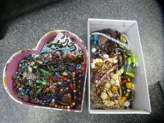 Two boxes of various vintage beaded necklaces etc
