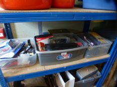 Three containers containing various tools, clamps etc and three metal cased tool sets