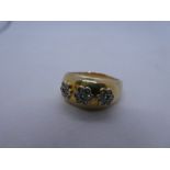 Gents yellow metal, marks worn, ring set with emeralds and diamonds in the form of flower heads, wei