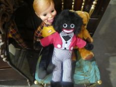 Vintage ventriloquist doll, jointed teddy and a golly