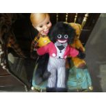 Vintage ventriloquist doll, jointed teddy and a golly
