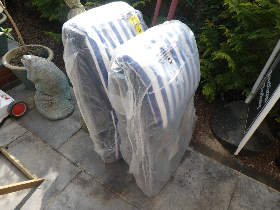 Two new garden chairs with blue and white strip cushions - Image 2 of 4