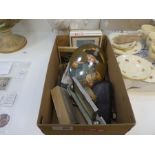 A box of collectables to include 8 day mantle clock, an oval hand painted picture of a Naval soldier