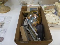 A box of collectables to include 8 day mantle clock, an oval hand painted picture of a Naval soldier