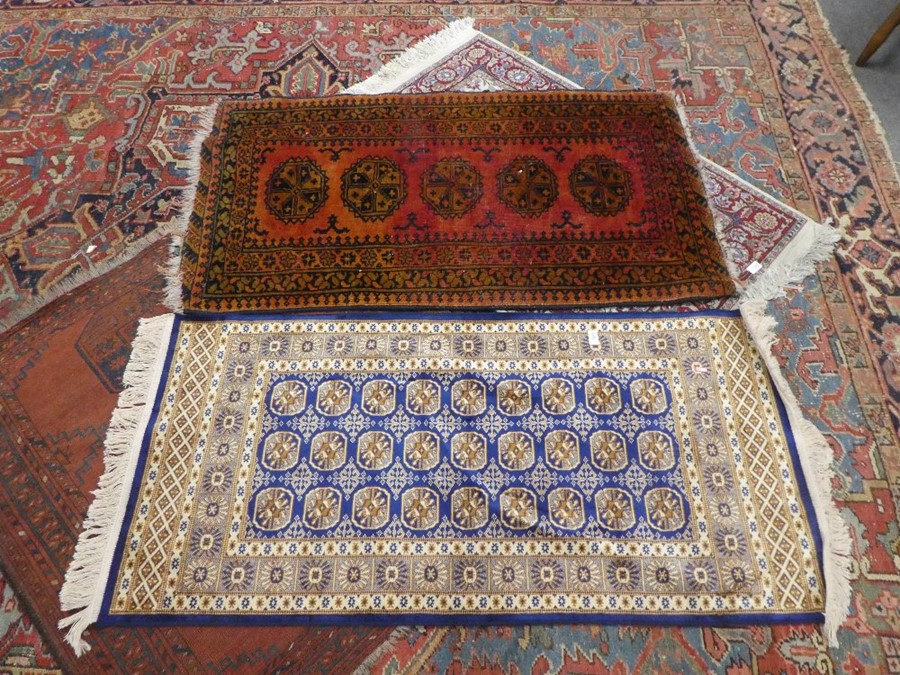 Oriental blue ground silk payer mat 57x26inch  and a middle eastern geometric design carpet 54 x 29i - Image 2 of 7