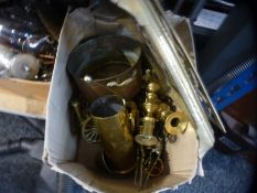 Two boxes of mixed metal ware to include brass candlesticks, cannon, copper pan, silver plated tea w