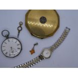 White metal pocket watch, Seiko wristwatch, silver and amber pendant and compact