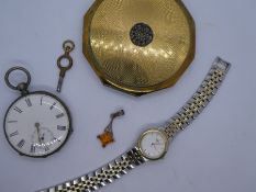 White metal pocket watch, Seiko wristwatch, silver and amber pendant and compact