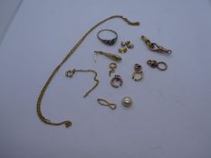 Collection of 9ct yellow gold scrap jewellery, incl. broken ring, clasps, earring, neck chain etc 11