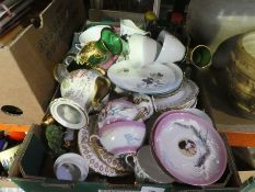 Two boxes of china, glass and collectables to incl. teaware, glasses, model houses, clocks, trinkets