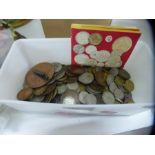 A box containing vintage GB and worldwide coinage including 1938 crowns