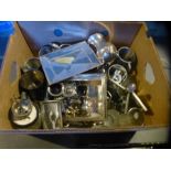 A box of mainly silver plated ware to include tankards, cruet set, jugs etc and a vintage cased SIRR