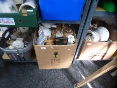 Three large boxes of mixed china, including lamps and books