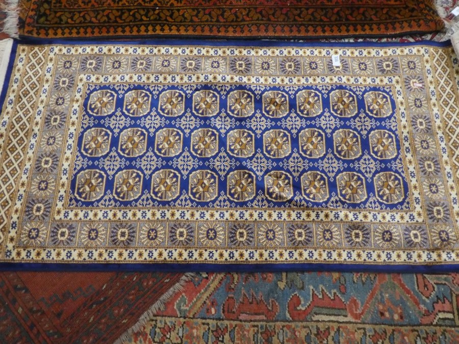 Oriental blue ground silk payer mat 57x26inch  and a middle eastern geometric design carpet 54 x 29i - Image 3 of 7