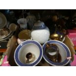 3 Boxes of mixed china to incl. blue and white Oriental lamp, Oriental china, ewer and basin etc