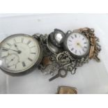 A hallmarked silver pocket watch of large proportions AF, various chains and one other pocket watch,