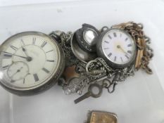 A hallmarked silver pocket watch of large proportions AF, various chains and one other pocket watch,