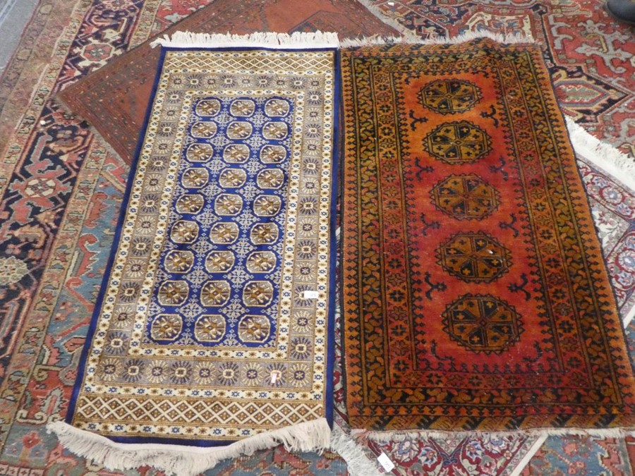 Oriental blue ground silk payer mat 57x26inch  and a middle eastern geometric design carpet 54 x 29i