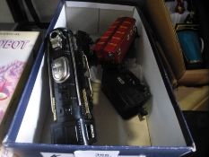 A tin plate model train, boxed mechanical robot and a vintage tin plate car
