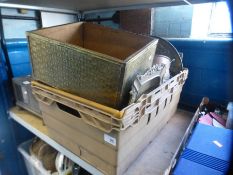 A crate of vintage brass and copper ware, to include lamps, model cockerels, copper pans etc