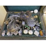 A vintage leather jewellery box containing various silver costume jewellery, including a Danish Hope