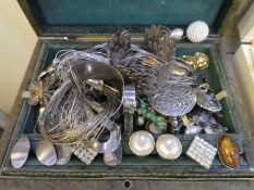 A vintage leather jewellery box containing various silver costume jewellery, including a Danish Hope