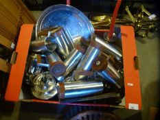 A crate of mainly silver plated items including tea sets, trays, candlesticks etc