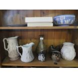 2 Shelves various studio pottery and other pottery vases, bowls etc incl Portmeirion, Wedgwood etc