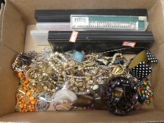 A box of mostly modern costume jewellery, watches, bracelets, etc