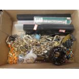 A box of mostly modern costume jewellery, watches, bracelets, etc