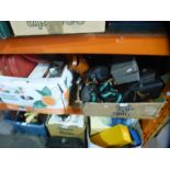 A box of collectables to include binoculars, cameras, slide and other accessories