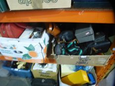 A box of collectables to include binoculars, cameras, slide and other accessories