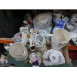 A box of 19th century and later china to include character jugs, Staffordshire, crested china etc